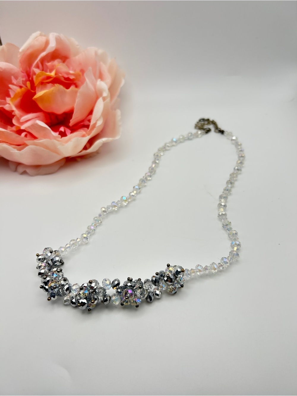 Vintage AB Crystal Floral Cluster Necklace